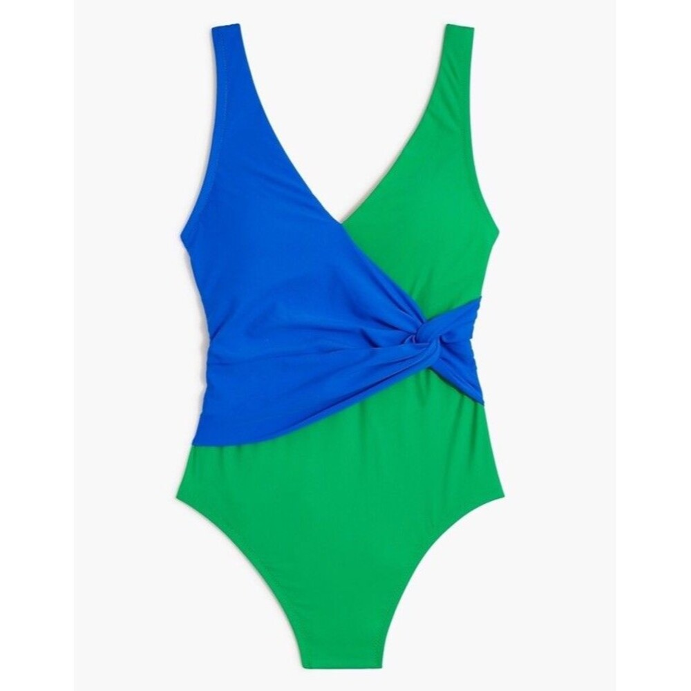 J.Crew Factory Blue GreenColorblock V-neck Knotted RuchedOne Piece Swimsuit Sz S